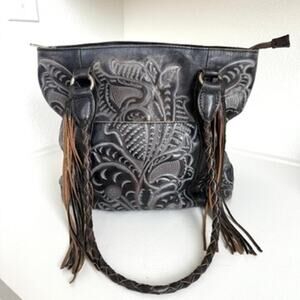 Patricia Nash Tooled Leather Tote Black Brown Fringe Handles Boho Western Bag